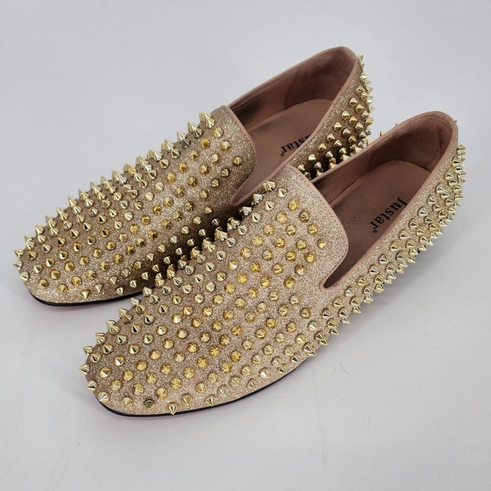 Justar Men's Gold Glitter Leather Spike Loafers Men’s Size 9
